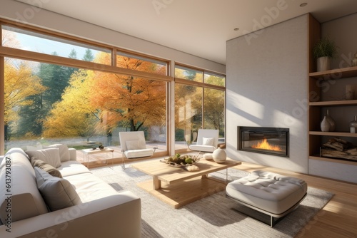 Mountain Modern Luxury Living Space Interior with Sleep Fireplace and White Ottoman Near Styled Wood Shelves