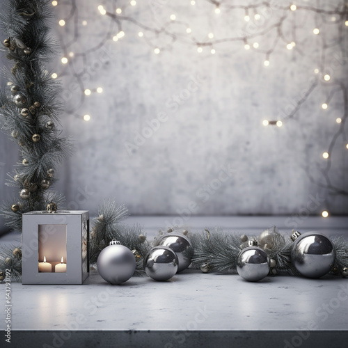 Fondo con detalle y textura de pared de tonos grises, con iluminación y decoración navideña
