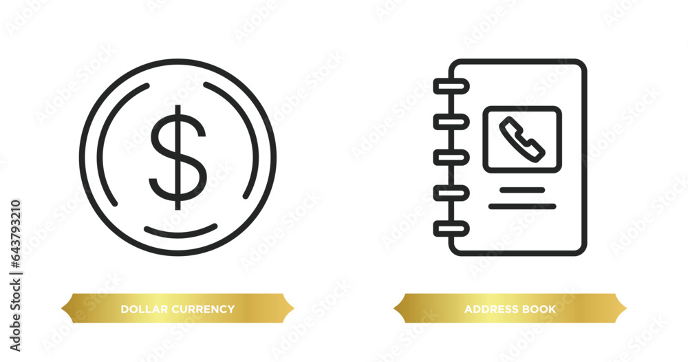 two editable outline icons from business concept. thin line icons such as dollar currency, address book vector. two editable outline icons from business concept. thin line icons such as dollar currency, address book vector.