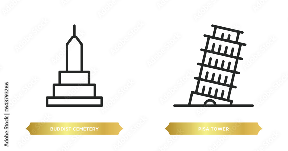 two editable outline icons from buildings concept. thin line icons such as buddist cemetery, pisa tower vector. two editable outline icons from buildings concept. thin line icons such as buddist cemetery, pisa tower vector.