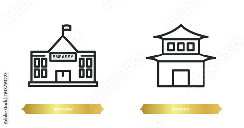 two editable outline icons from buildings concept. thin line icons such as embassy, pagoda vector.