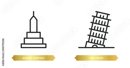 two editable outline icons from buildings concept. thin line icons such as buddist cemetery, pisa tower vector.