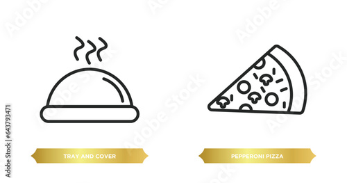 two editable outline icons from bistro and restaurant concept. thin line icons such as tray and cover, pepperoni pizza slice vector.