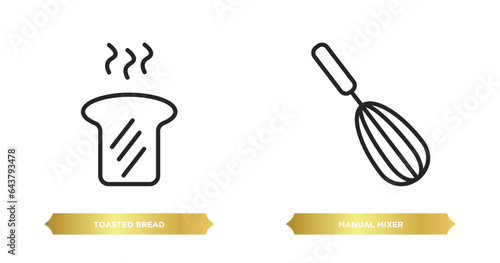 two editable outline icons from bistro and restaurant concept. thin line icons such as toasted bread, manual mixer vector.