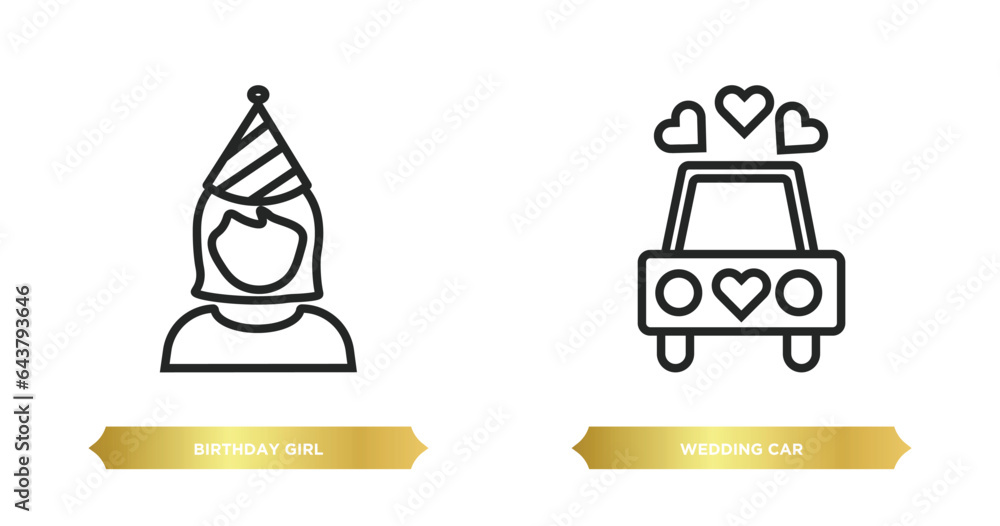 two editable outline icons from birthday and party concept. thin line icons such as birthday girl, wedding car vector. two editable outline icons from birthday and party concept. thin line icons such as birthday girl, wedding car vector.