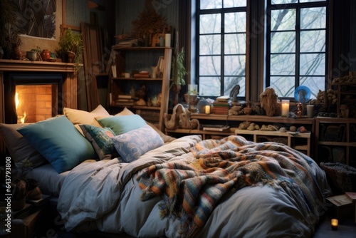 bed with various decorative pillows and blankets