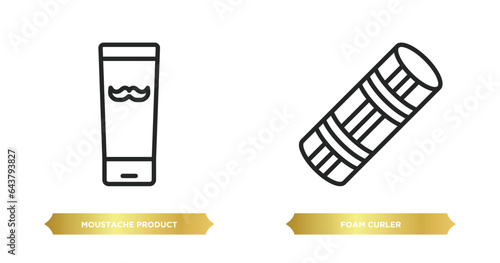 two editable outline icons from beauty concept. thin line icons such as moustache product, foam curler vector.
