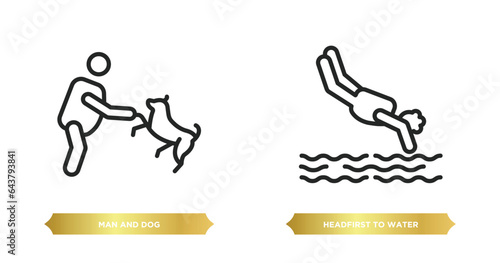 two editable outline icons from behavior concept. thin line icons such as man and dog, headfirst to water vector.