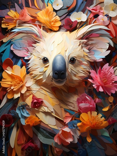 Colorful Creative Abstract Koala Bear Portrait, Contemporary Art, Rainbow Geometric Structures, Multicolor Poster, Pop Surrealism