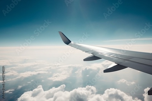 Wing of plane gliding across blue sky. Generative AI