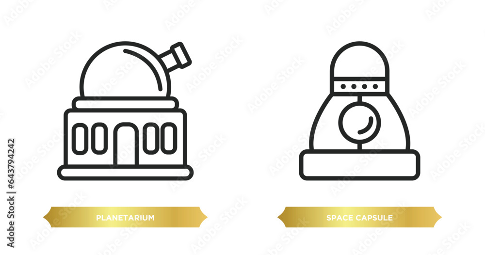 two editable outline icons from astronomy concept. thin line icons such as planetarium, space capsule vector. two editable outline icons from astronomy concept. thin line icons such as planetarium, space capsule vector.