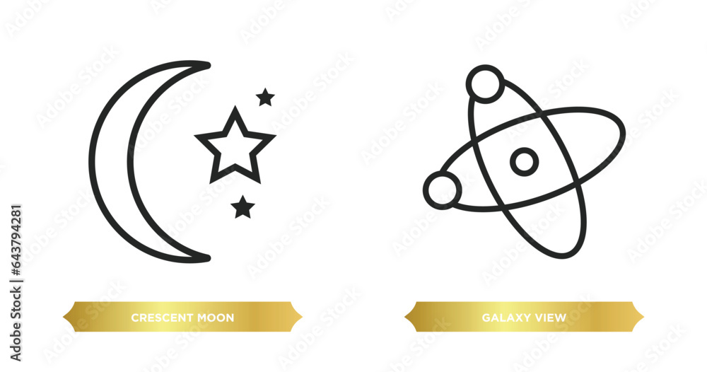 two editable outline icons from astronomy concept. thin line icons such as crescent moon, galaxy view vector. two editable outline icons from astronomy concept. thin line icons such as crescent moon, galaxy view vector.
