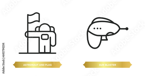 two editable outline icons from astronomy concept. thin line icons such as astronaut and flag, gun blaster vector.
