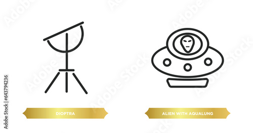 two editable outline icons from astronomy concept. thin line icons such as dioptra, alien with aqualung vector.