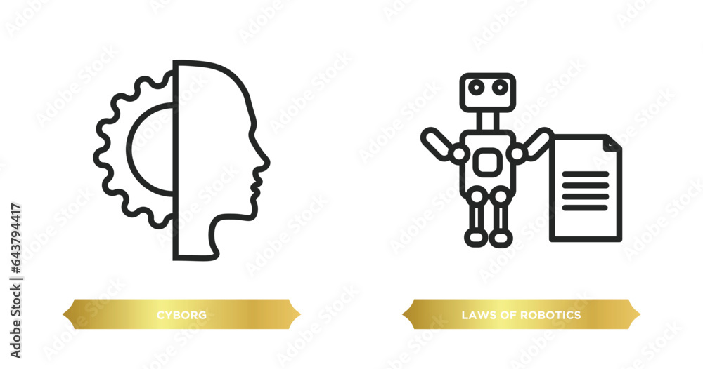 two editable outline icons from artificial intellegence concept. thin line icons such as cyborg, laws of robotics vector. two editable outline icons from artificial intellegence concept. thin line icons such as cyborg, laws of robotics vector.