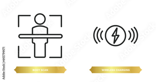 two editable outline icons from artificial intellegence concept. thin line icons such as body scan, wireless charging vector.