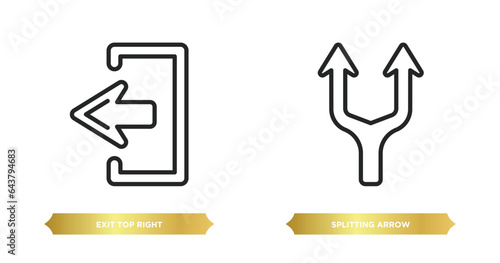 two editable outline icons from arrows concept. thin line icons such as exit top right, splitting arrow vector.