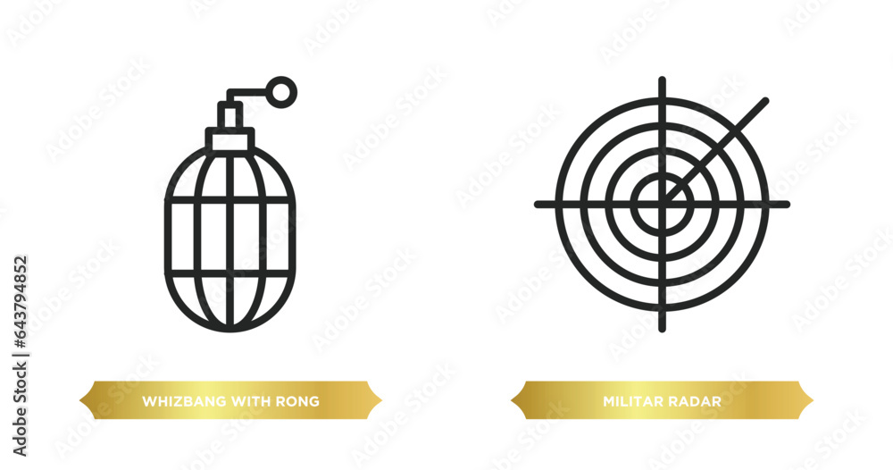 two editable outline icons from army and war concept. thin line icons such as whizbang with rong, militar radar vector. two editable outline icons from army and war concept. thin line icons such as whizbang with rong, militar radar vector.