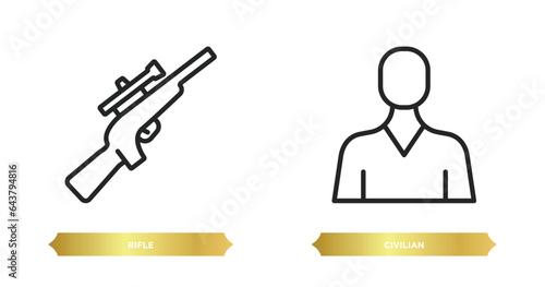 two editable outline icons from army and war concept. thin line icons such as rifle, civilian vector.