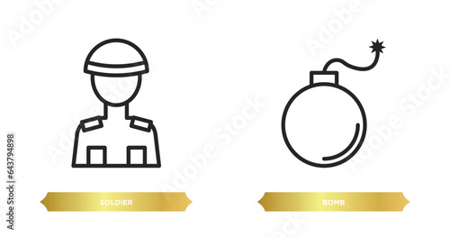 two editable outline icons from army and war concept. thin line icons such as soldier, bomb vector.