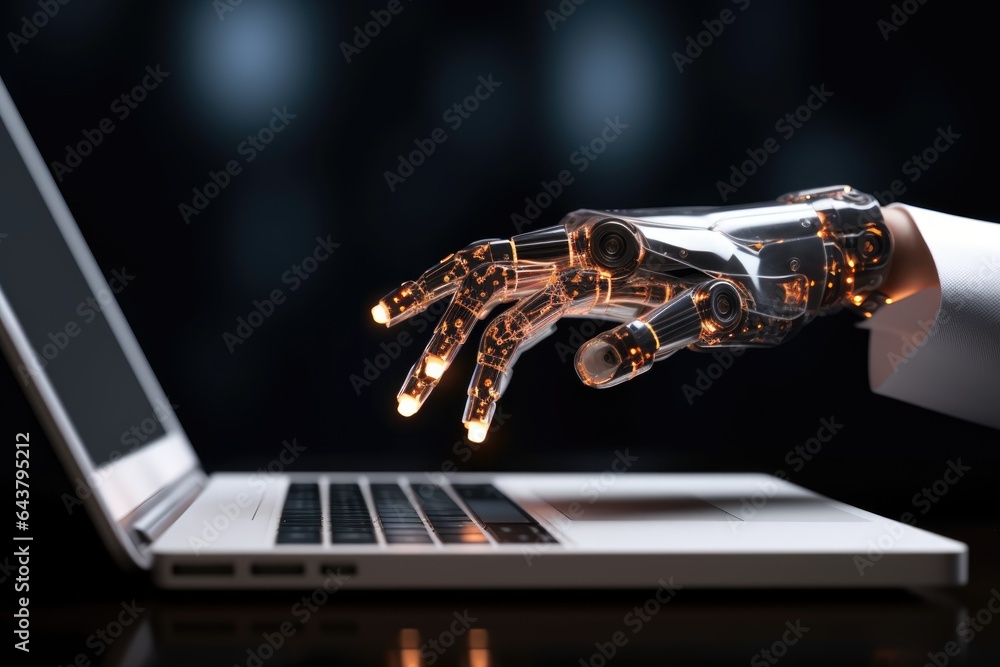 The robot hand is typing on the computer. The concept of artificial intelligence replacing a person in communication with another person - obrazy, fototapety, plakaty 