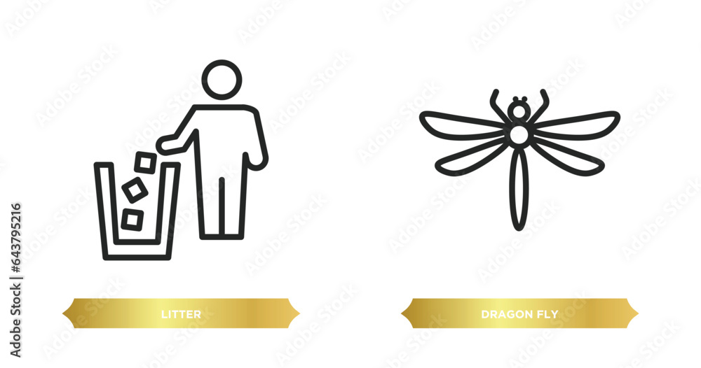 two editable outline icons from animals concept. thin line icons such as litter, dragon fly vector. two editable outline icons from animals concept. thin line icons such as litter, dragon fly vector.