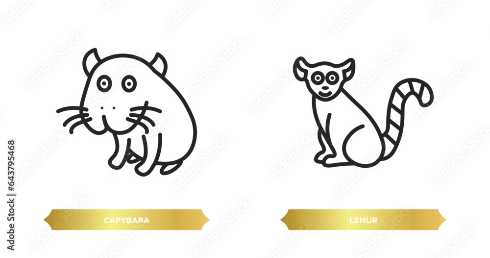 two editable outline icons from animals concept. thin line icons such as capybara, lemur vector.