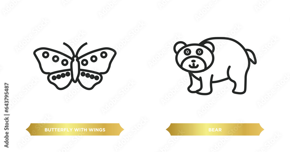two editable outline icons from animals concept. thin line icons such as butterfly with wings, bear vector.