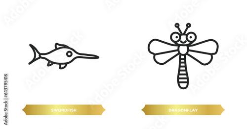 two editable outline icons from animals concept. thin line icons such as swordfish, dragonflay vector.
