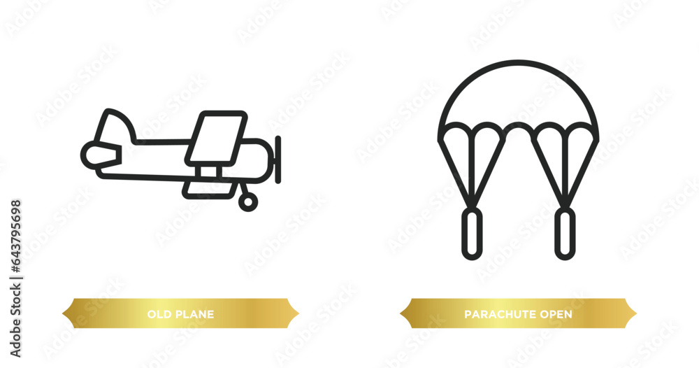 two editable outline icons from airport terminal concept. thin line icons such as old plane, parachute open vector. two editable outline icons from airport terminal concept. thin line icons such as old plane, parachute open vector.