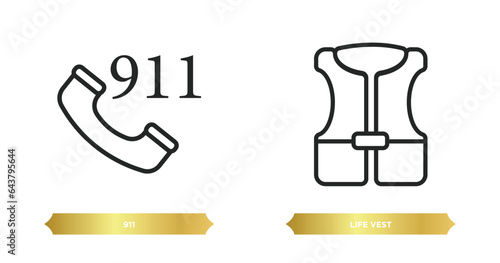 two editable outline icons from alert concept. thin line icons such as 911, life vest vector.