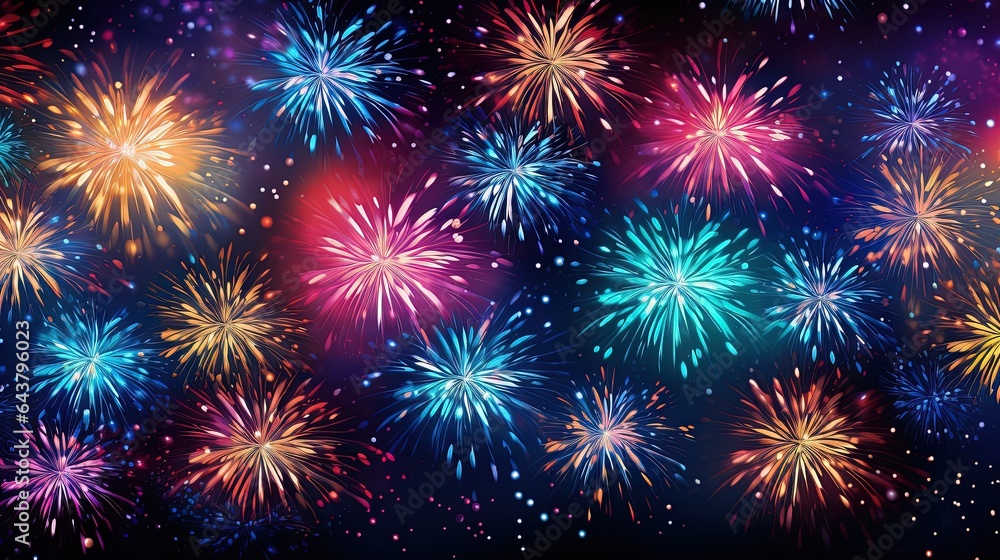 Naklejka premium a bunch of colorful fireworks on a black background with stars. generative ai