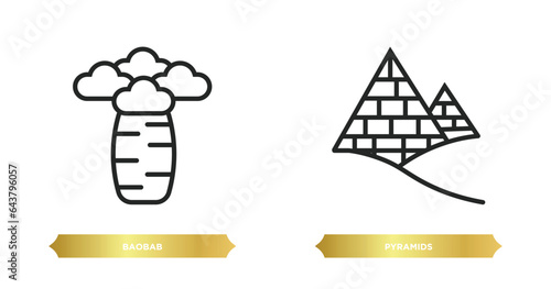 two editable outline icons from africa concept. thin line icons such as baobab, pyramids vector.