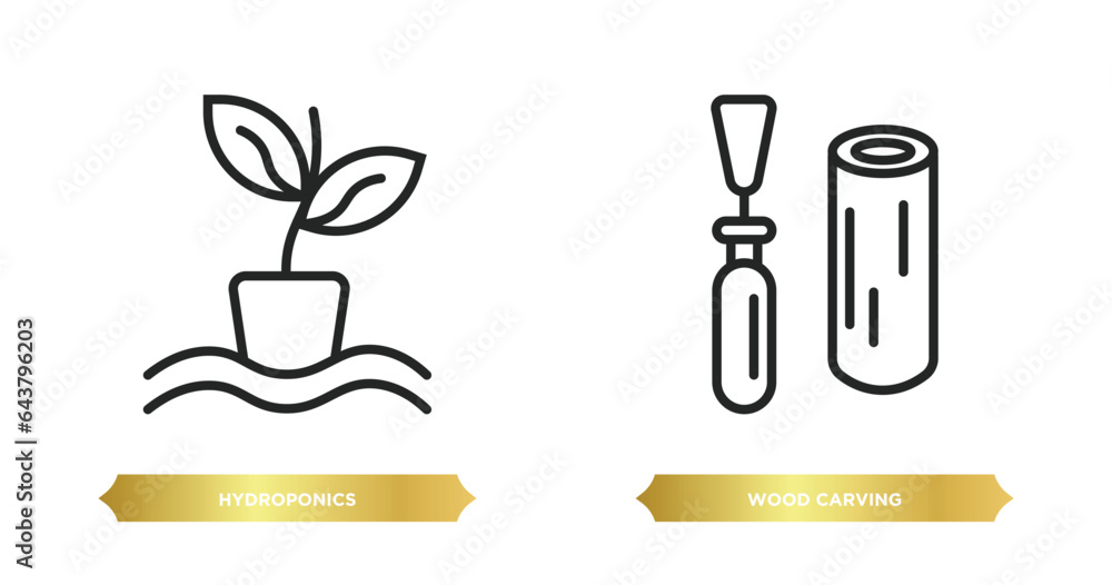 two editable outline icons from activity and hobbies concept. thin line icons such as hydroponics, wood carving vector. two editable outline icons from activity and hobbies concept. thin line icons such as hydroponics, wood carving vector.
