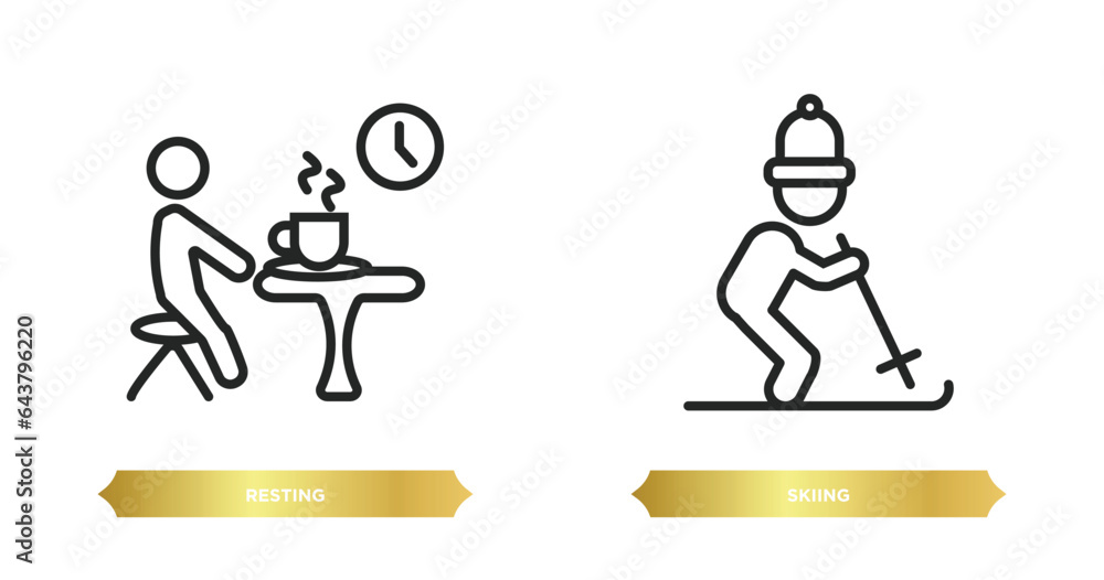 two editable outline icons from activity and hobbies concept. thin line icons such as resting, skiing vector. two editable outline icons from activity and hobbies concept. thin line icons such as resting, skiing vector.