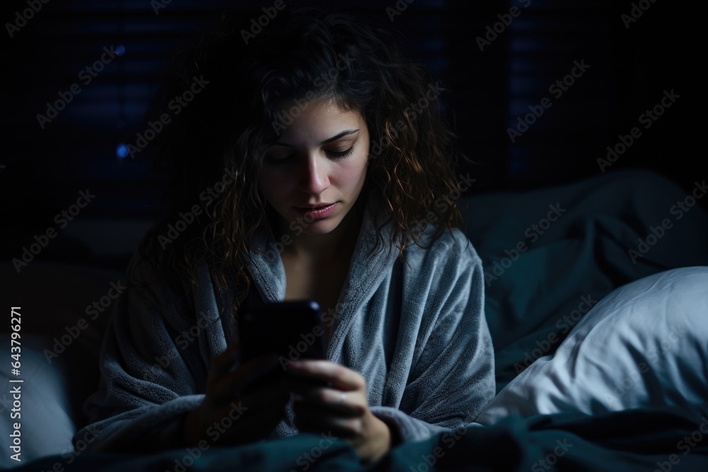 An Unmotivated Young Woman In Bed, Staring At The Smartphone Screen, Suffers From Sleep Disorders An Unmotivated Young Woman In Bed, Staring At The Smartphone Screen, Suffers From Sleep Disorders