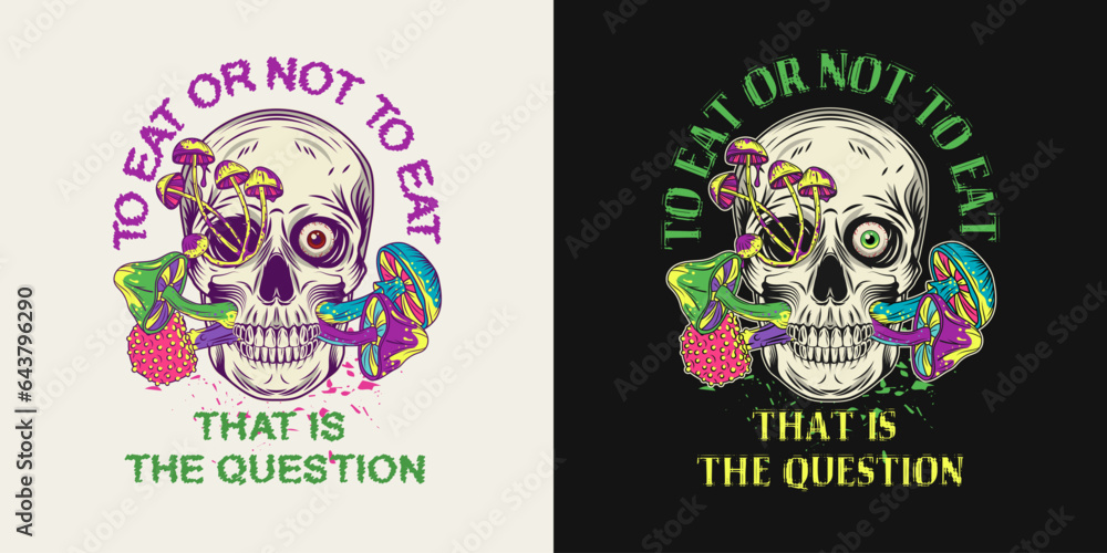 Creepy label with text, human skull eating colorful mushrooms. Crazy mad skull with single eye, mushrooms growing through skull. Concept of madness. Vintage style. Creepy label with text, human skull eating colorful mushrooms. Crazy mad skull with single eye, mushrooms growing through skull. Concept of madness. Vintage style.