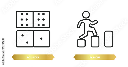 two editable outline icons from activity and hobbies concept. thin line icons such as dominoes, parkour vector.