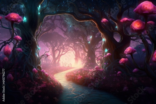 Enchanting forest with glowing pink rose path and moonlight. A whimsical fairytale garden in digital art form. Generative AI