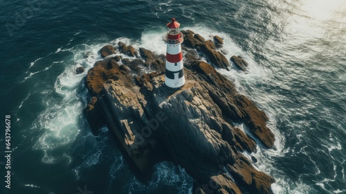 View from the top of a lighthouse on a small rocky island photo