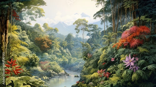 Watercolour illustration of a jungle landscape with tropical flowers, artistic modern and simple background