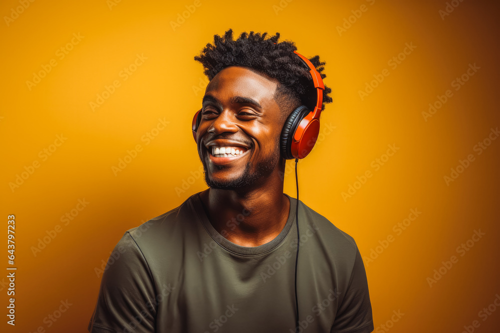 Obraz premium Happy millennial african american man listening to favorite audio music