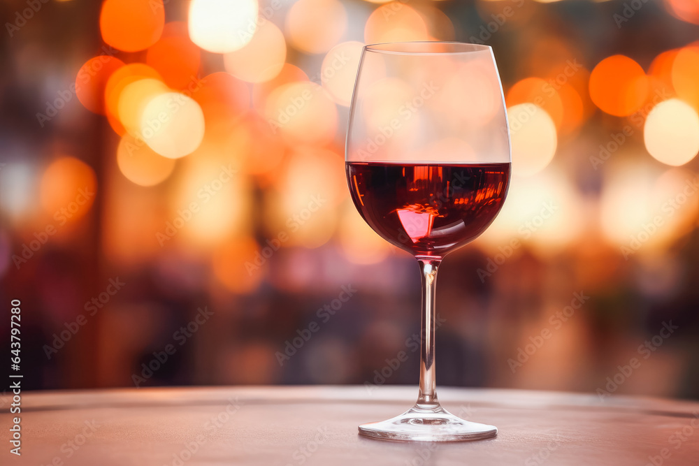 Delightful glass of red wine on table, blurred background with lights
