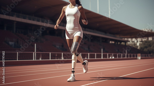 Athlete woman with prosthetic leg participates in a marathon. Disabled athlete woman with artificial leg. Paralympic Athlete. Generative AI