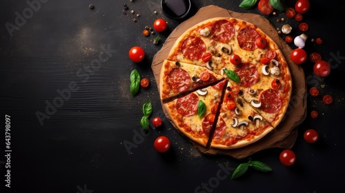 Pizza on dark background copy space flat lay space for text