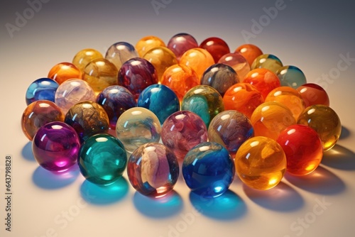 glass marbles organized by color gradient on a neutral background
