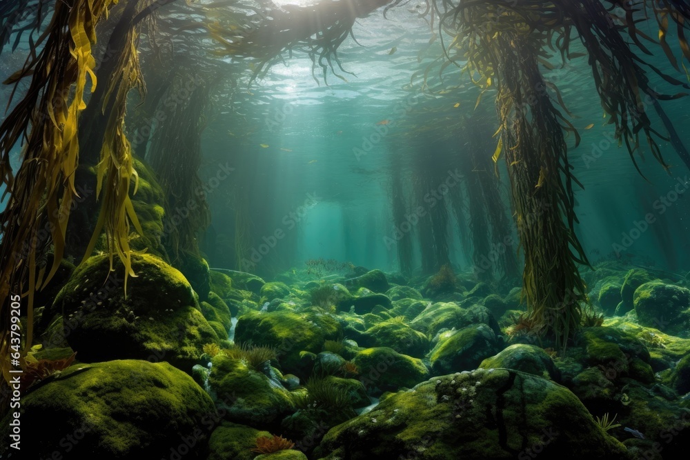 kelp forest with rocky ocean floor visible kelp forest with rocky ocean floor visible