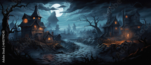 Happy Halloween spooky scary moon night scene horror landscape background. Creepy dark forest woods trees, moon and Happy Haloween ghosts gothic mysterious sky moonlight gloomy scenery backdrop.