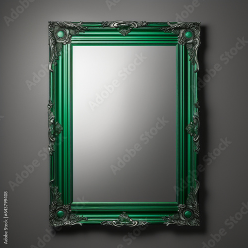 Fondo con detalle y textura de marco de color verde intenso, con espejo y pared de tonos grises