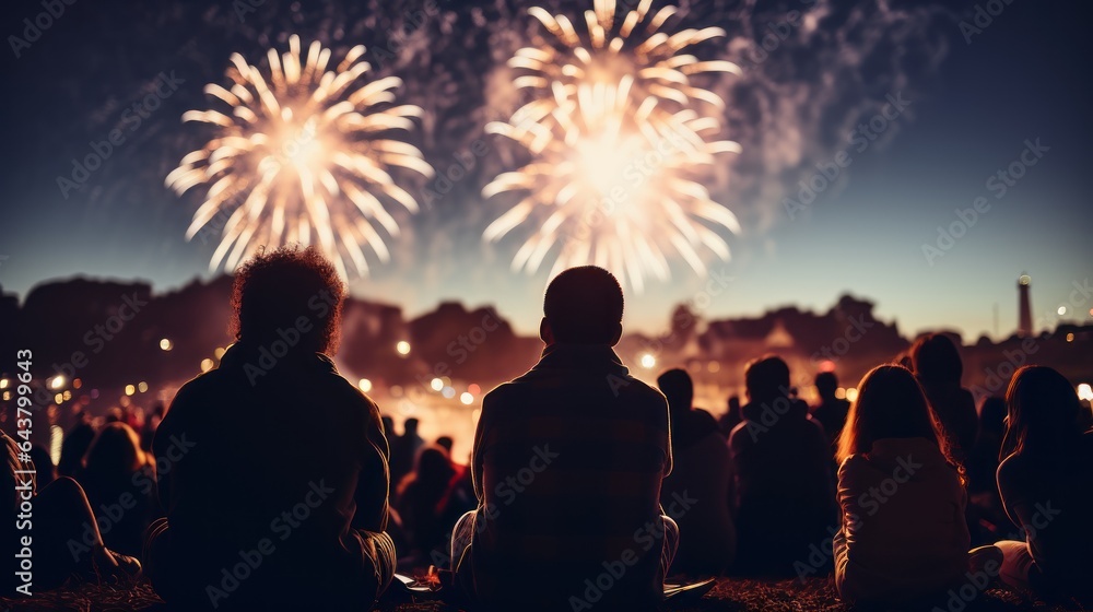 Silhouette of people watching fireworks on the background of the city. Festival Concept with Copy Space.